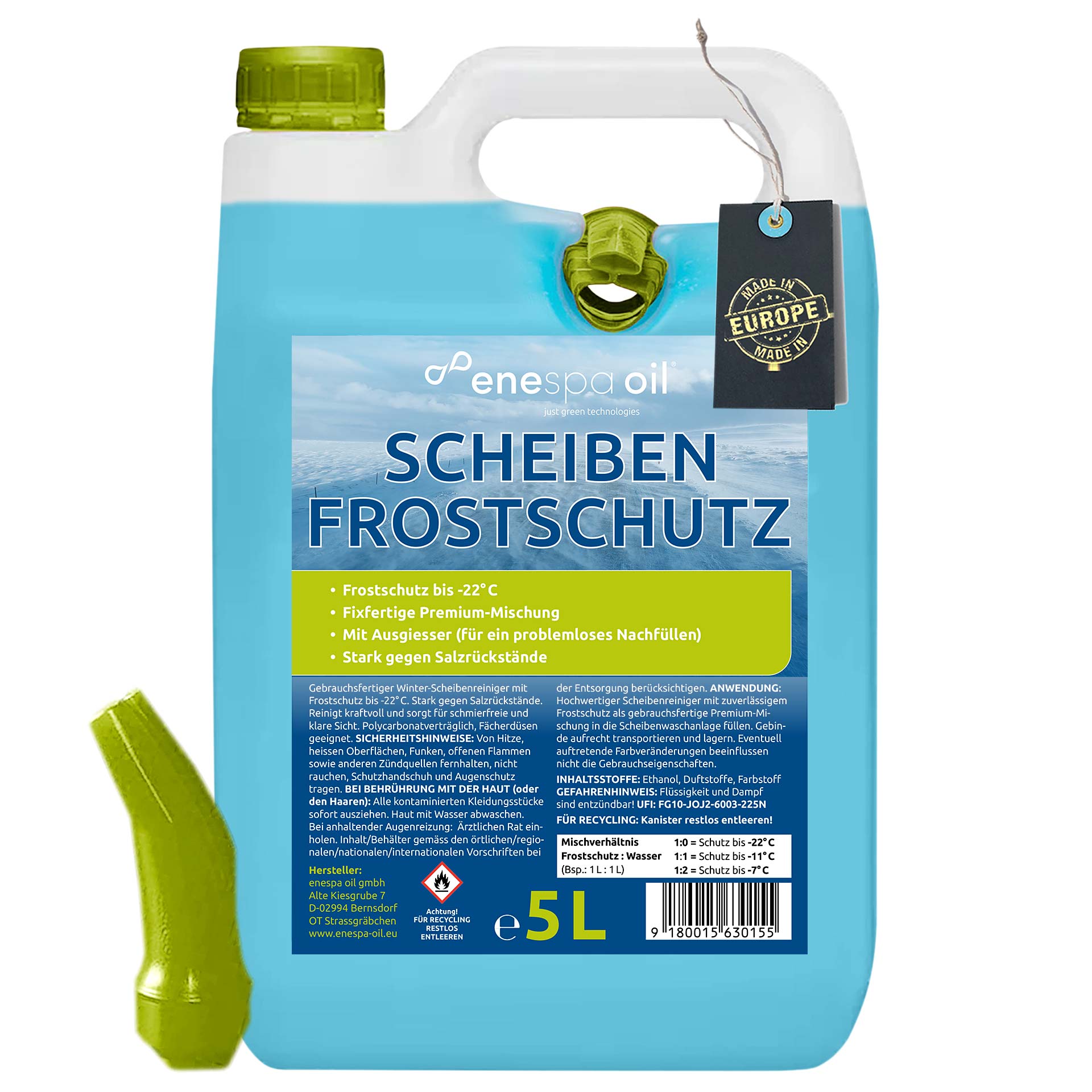 enespa oil Scheibenfrostschutz bis -22°C, 5 Liter Kanister mit Einfüllschlauch